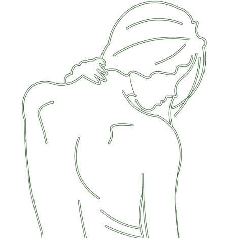 Eine Illustration einer Frau von hinten; ihre Hand liegt auf ihrem Nacken, was Muskelverspannungen darstellt.