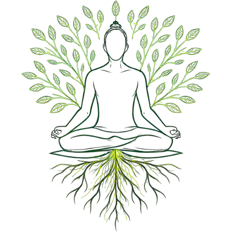 Illustration einer sitzenden Person in Meditationshaltung mit grünen Wurzeln darunter und Baumblättern hinter ihm/ihr