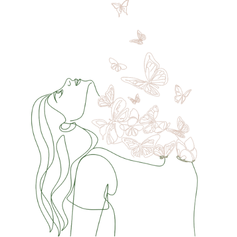 Eine Illustration einer Frau, aus deren Brust Schmetterlinge hervorkommen – als Symbol dafür, man selbst zu sein und der Fantasie freien Lauf zu lassen.