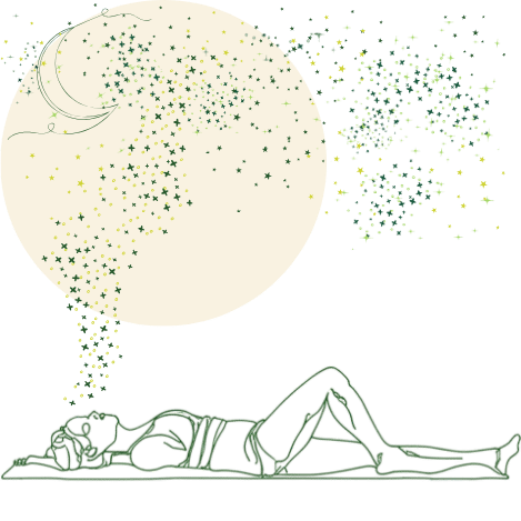 Illustration einer ruhigen Landschaft bei Nacht sowie einer Person, die sich hinlegt und die Augen schließt.