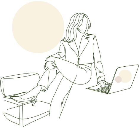 Eine Illustration einer Frau mit einem Laptop und einem Fuß auf einem Stuhl.